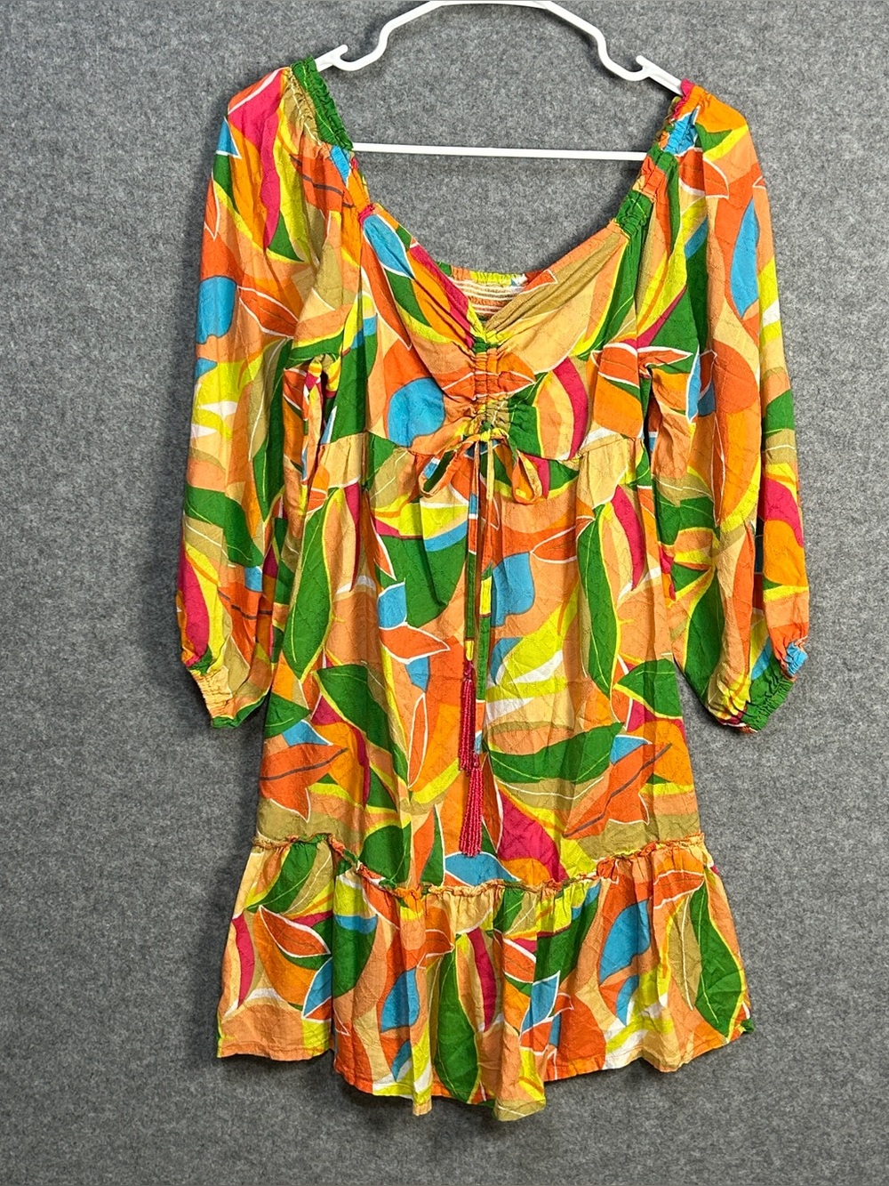 Blue Island XS Vibrant Tropical Leaf-Print Dress Vacay Cruise/Resort Wear Boho